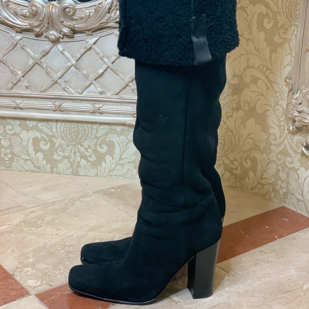Black suede PRADA long boots with shearling lining